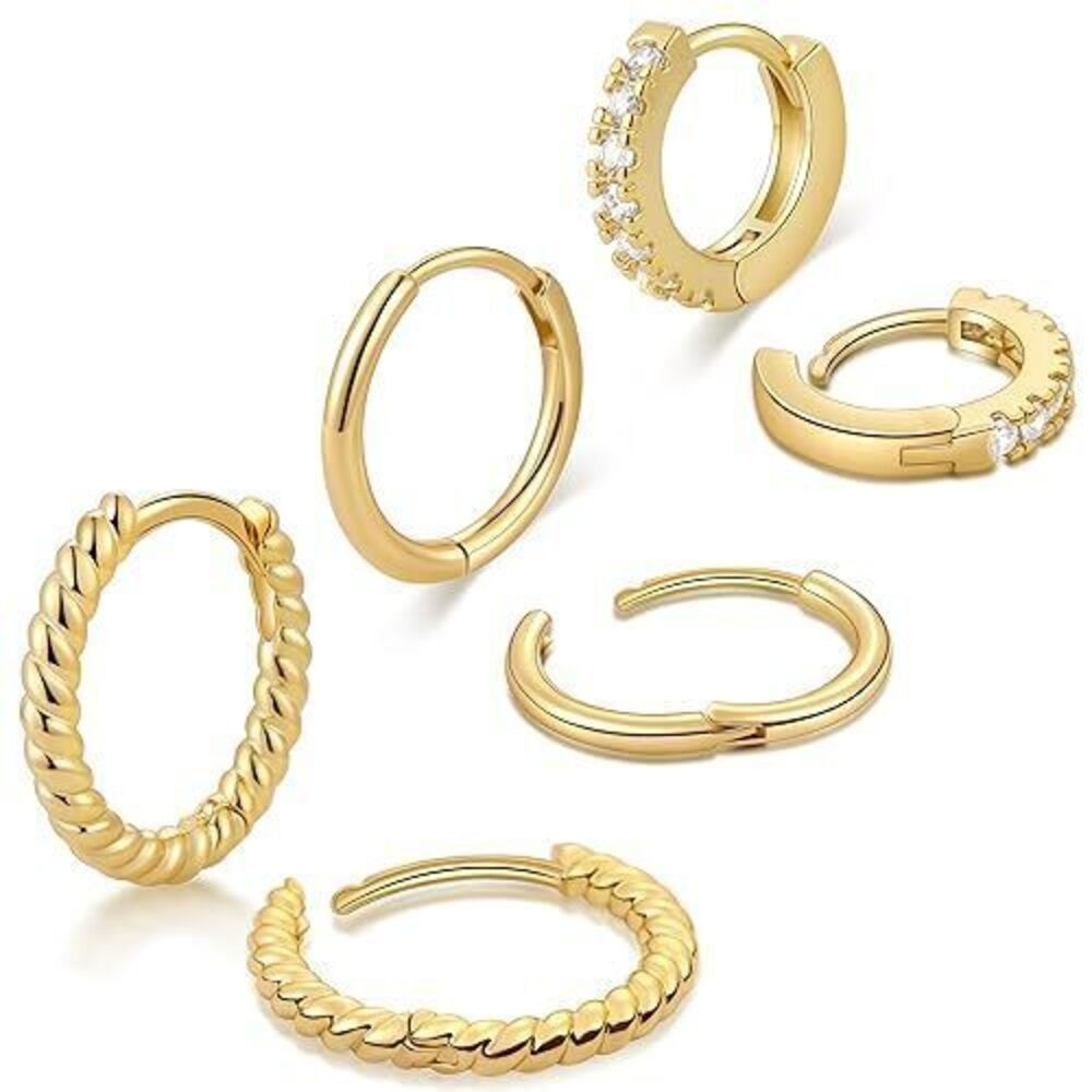 7649 Small Hoop Earrings , 3 Pairs Tiny Huggie Hoop Earrings Set , 18K Gold
